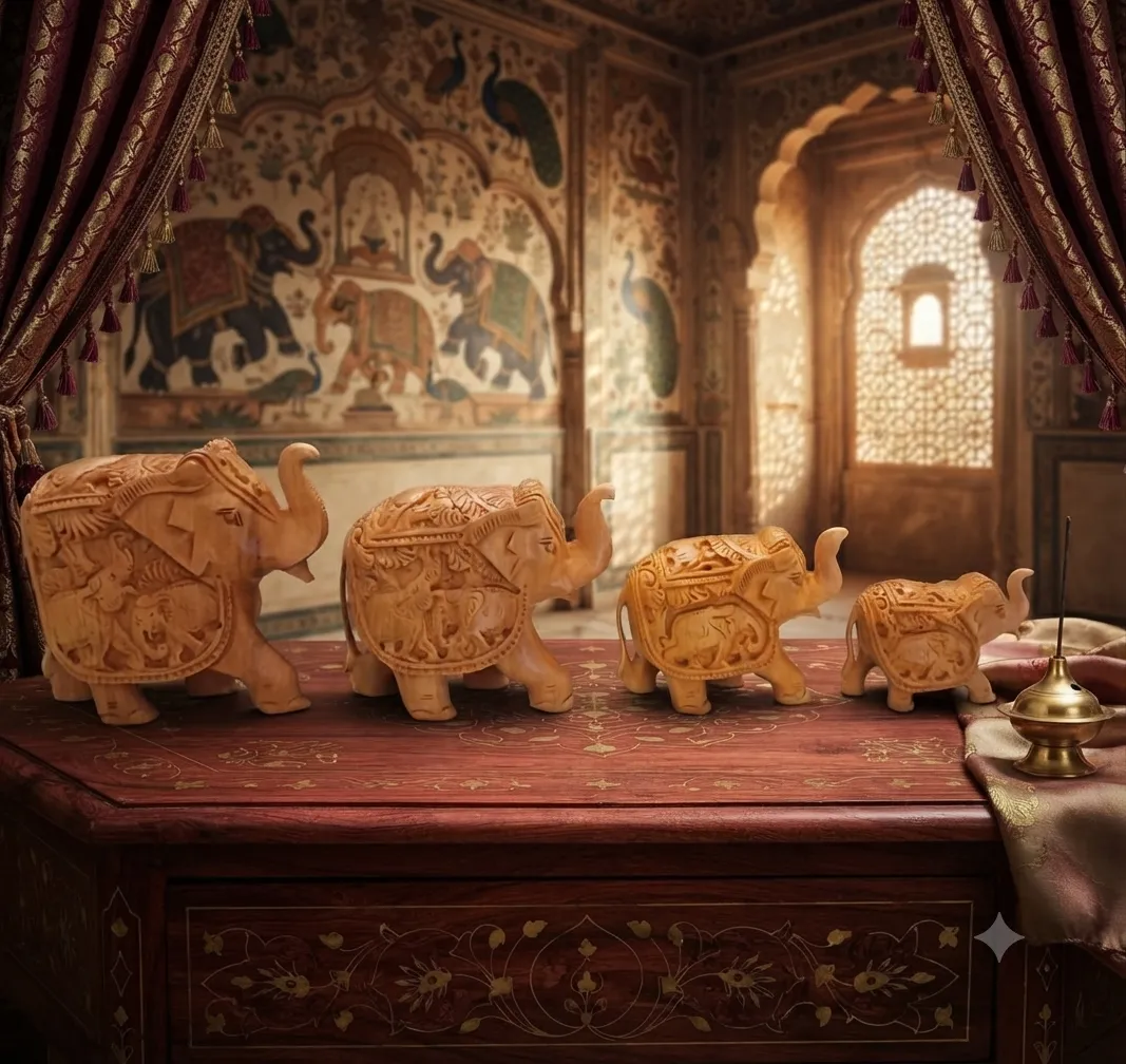 4-Piece Wooden Carved Elephant Family