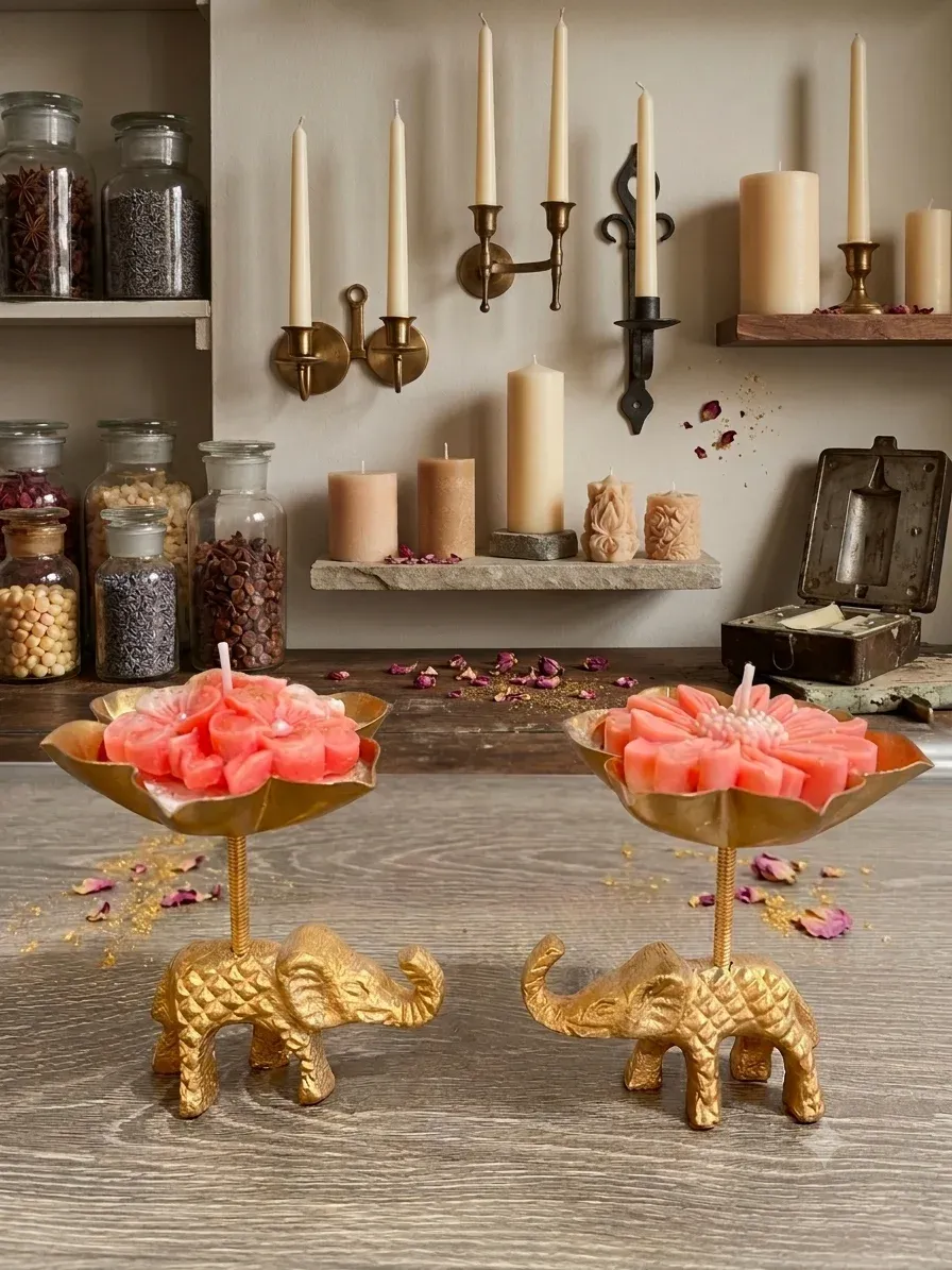Gold Metal Elephant Flower Candle Urli