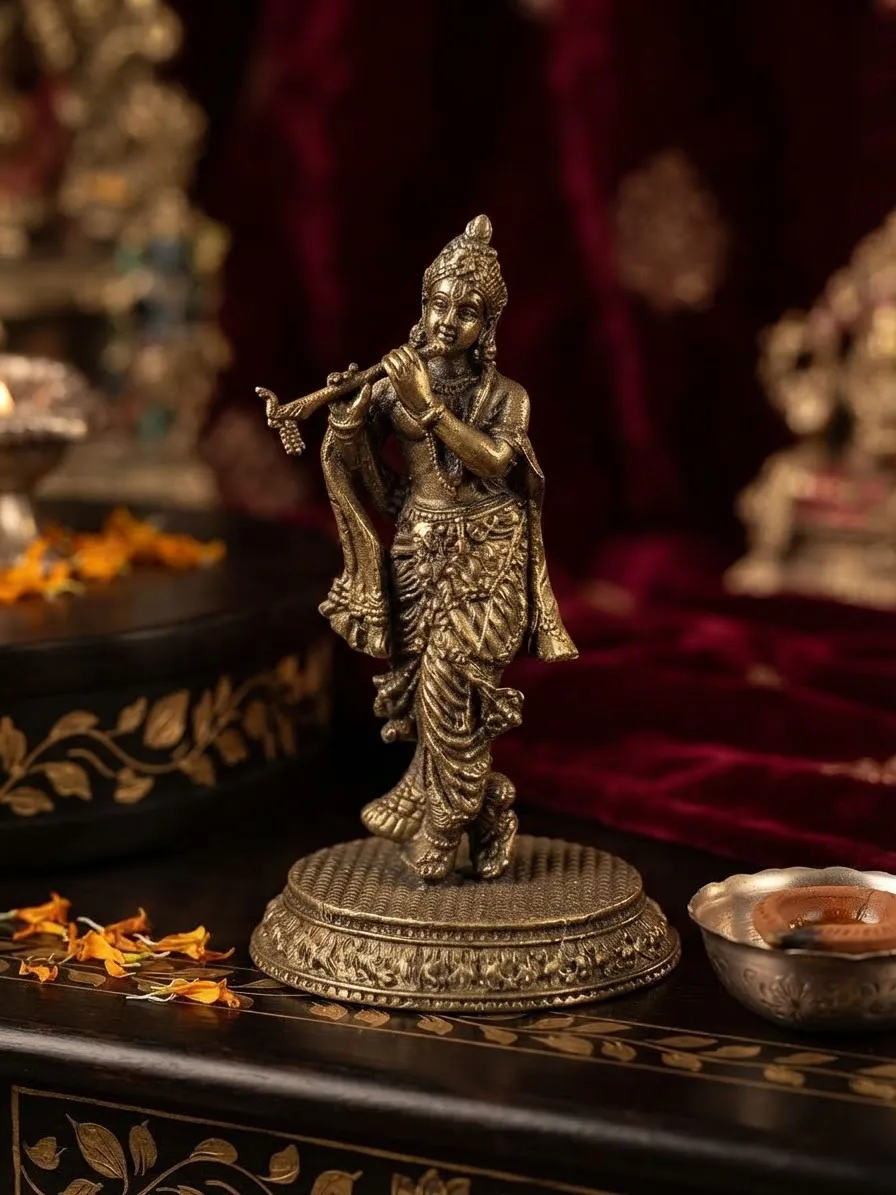 Brass Bal Gopal on Cow Figurine