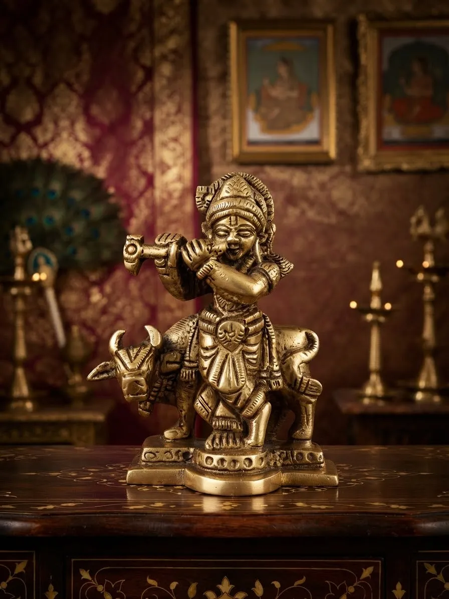 Brass Bal Gopal on Cow Figurine — view 2