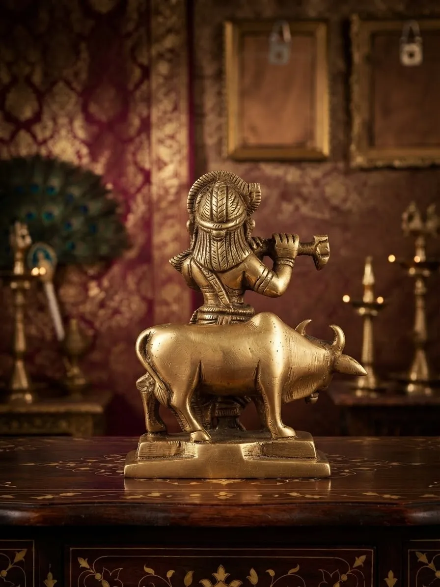 Brass Bal Gopal on Cow Figurine — view 3