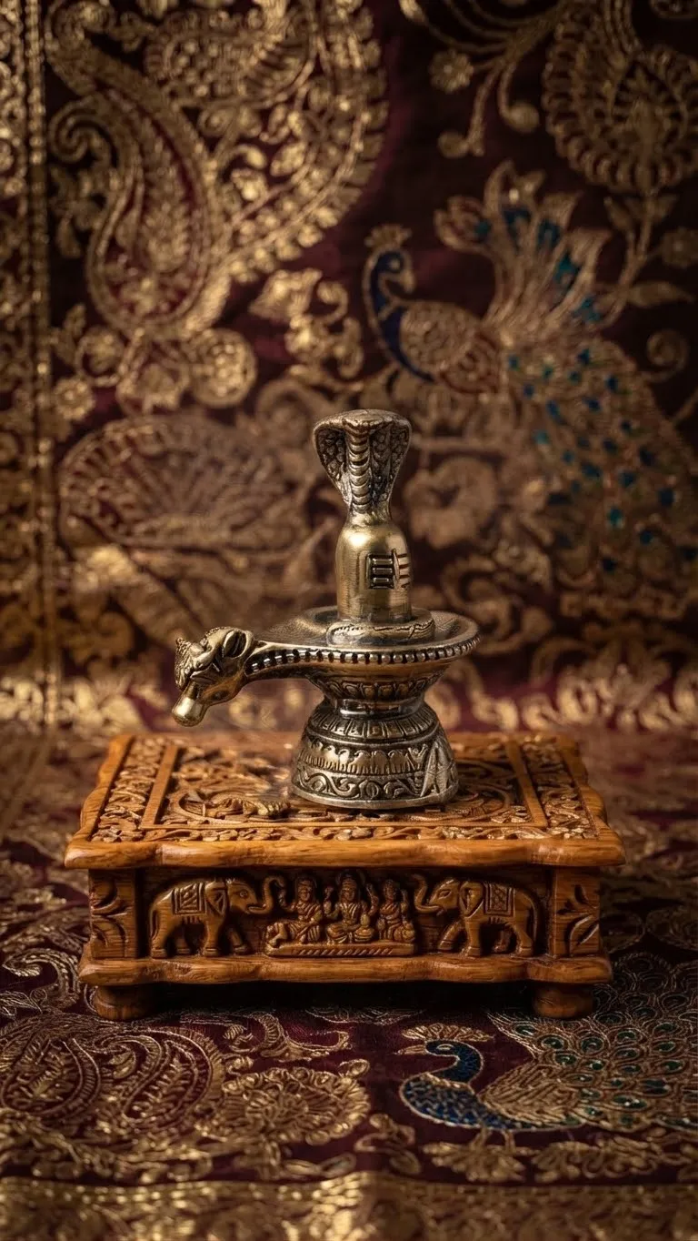 Brass shivling with a cobra hood, on a carved wooden stand