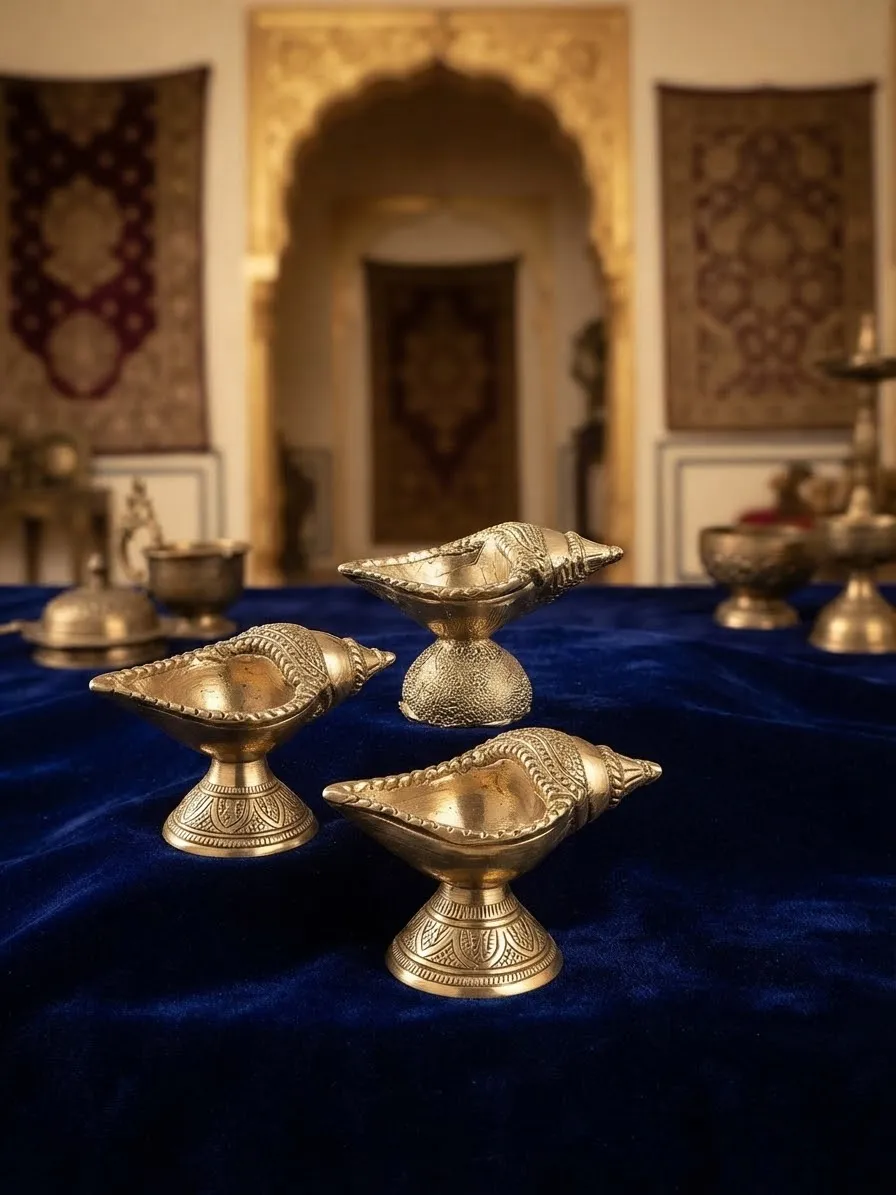 Brass Conch-Shaped Diya Set