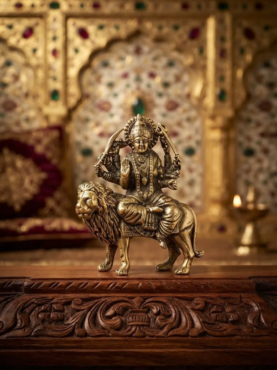 Brass Durga on Lion Figurine