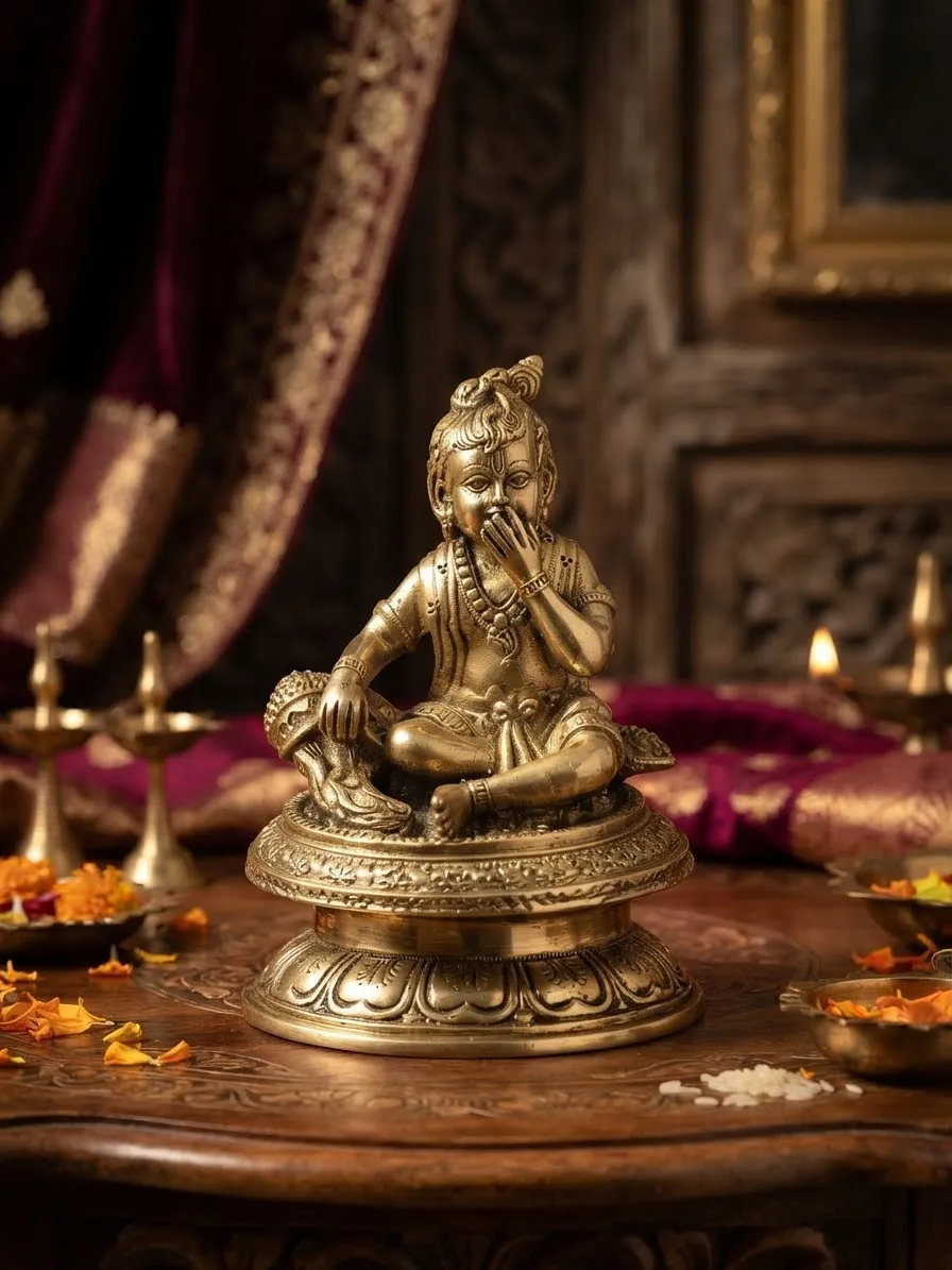 Brass Makhan Chor Krishna Figurine