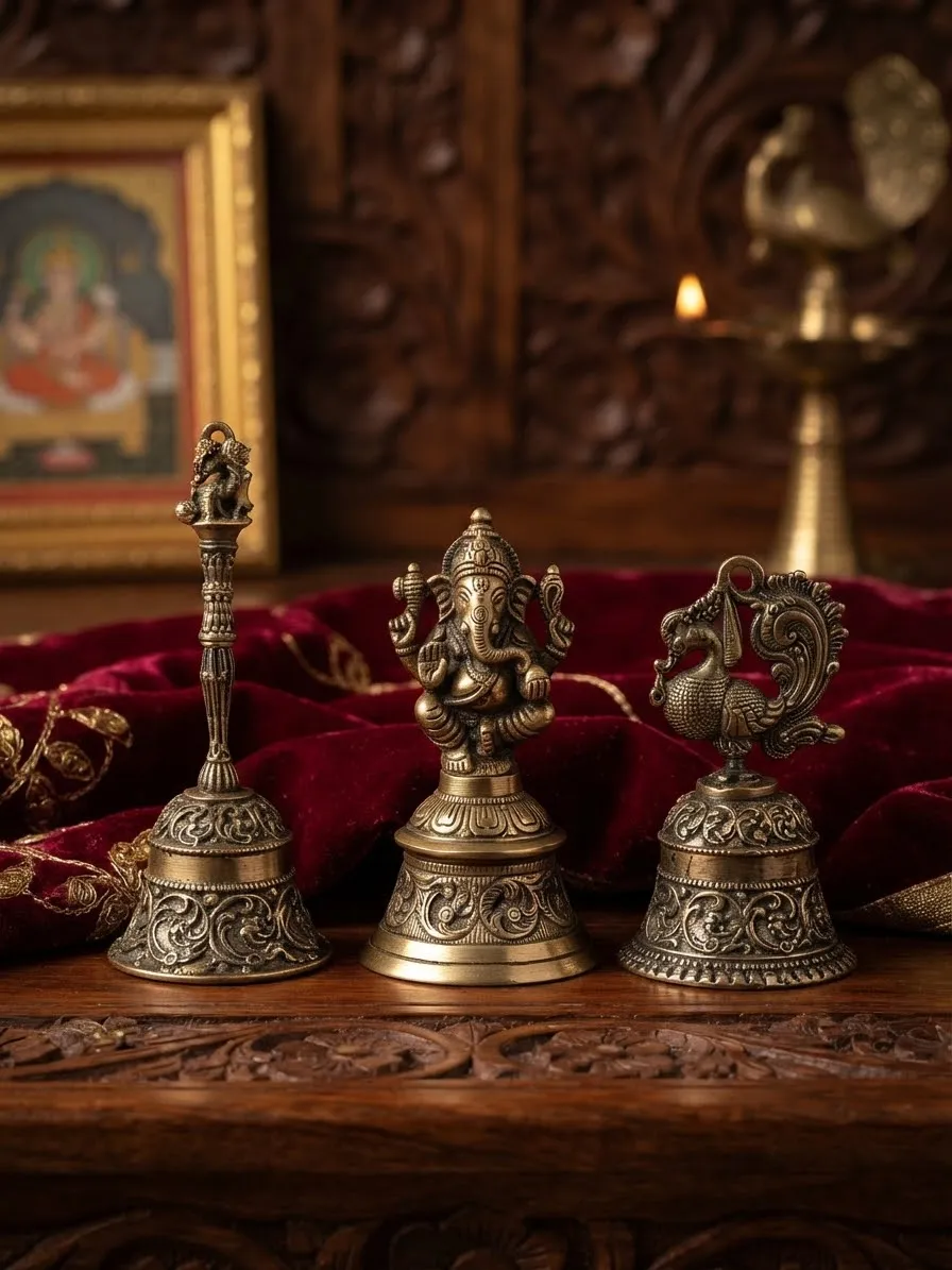 Brass Pooja Bell Set with Finials