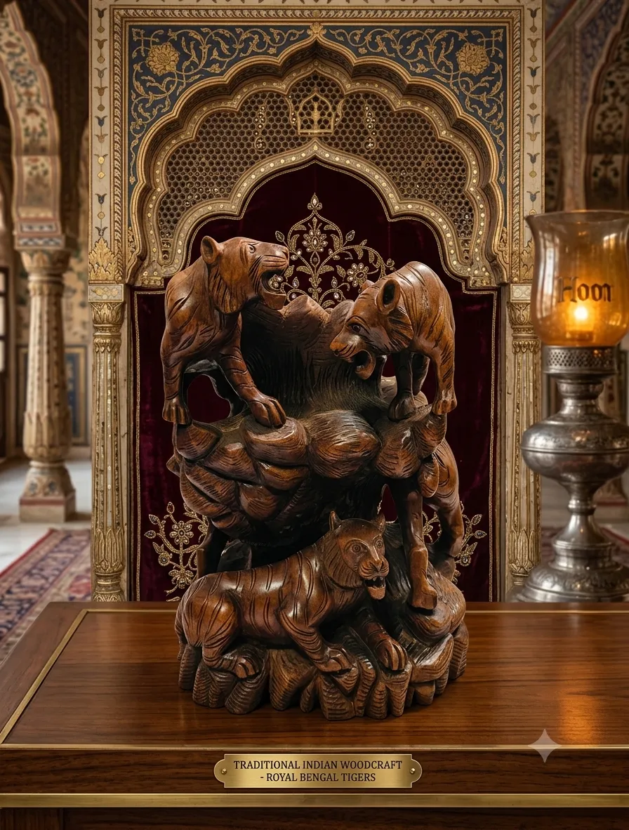 Carved Wooden Tiger Family Sculpture