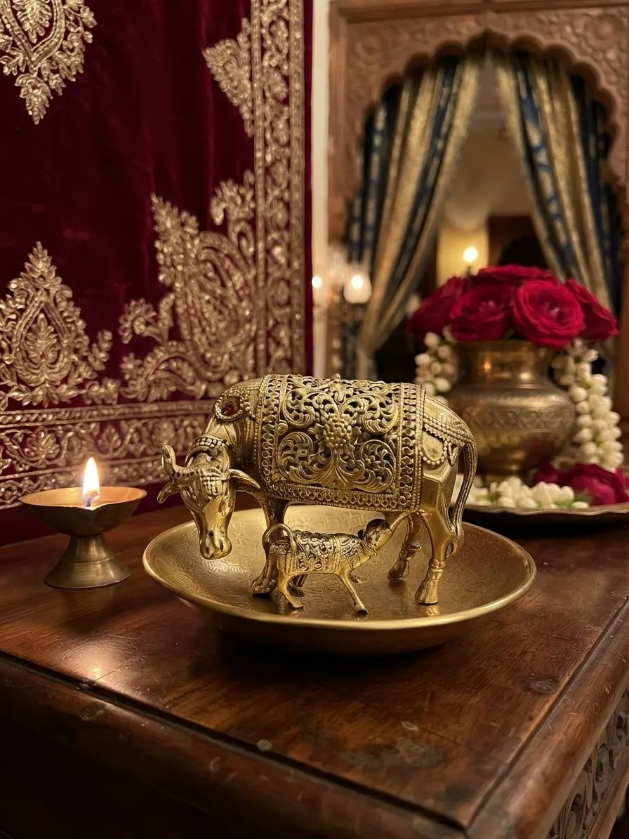 Brass Cow and Calf Figurine on Diya Plate