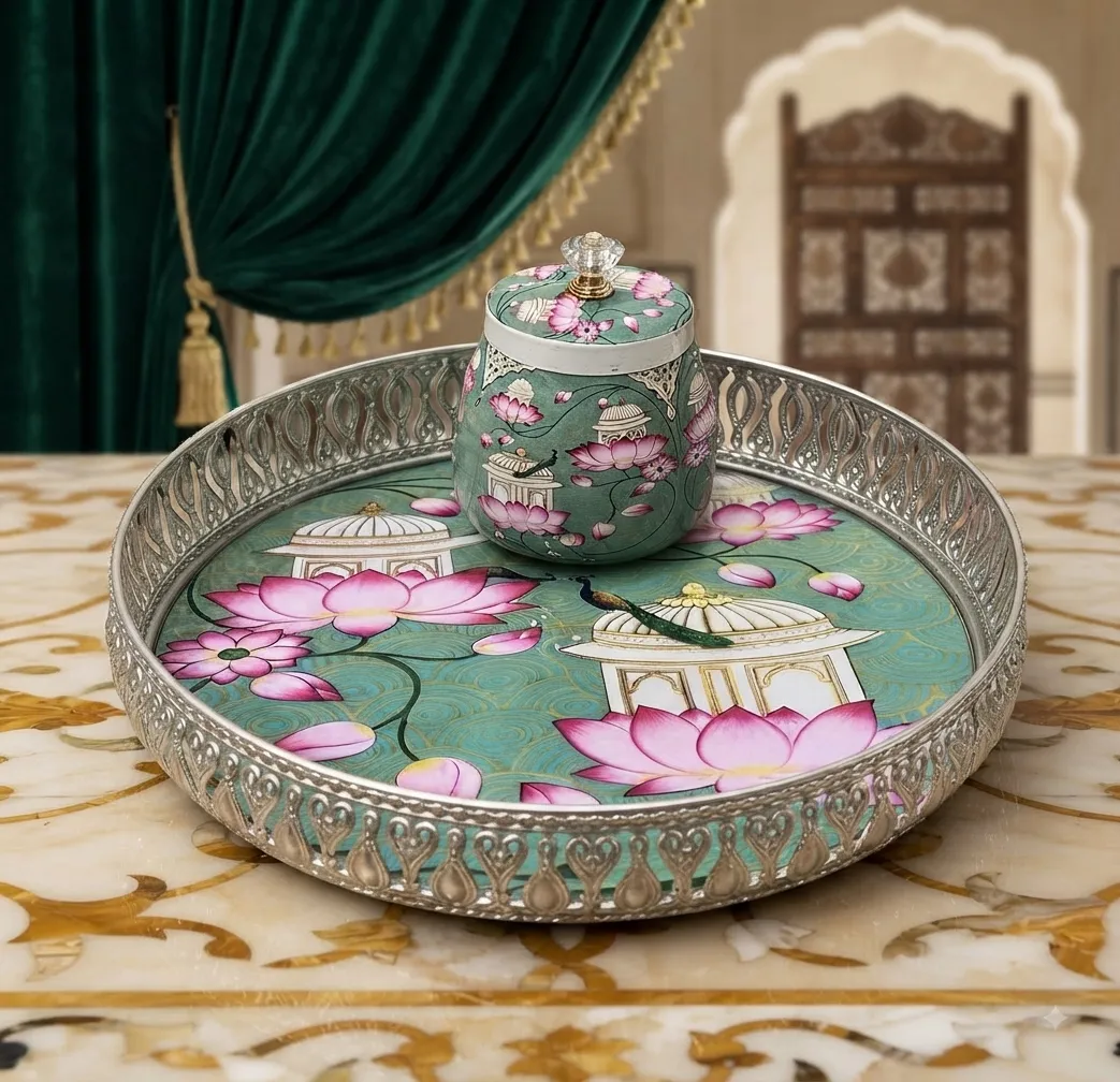 Floral Lotus Enamel Tray with Lidded Jar