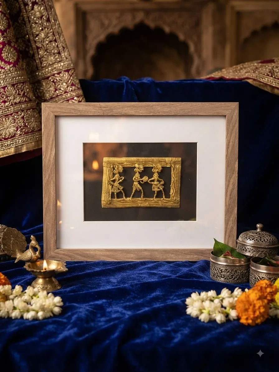 Framed Brass Tribal Musician Plaque