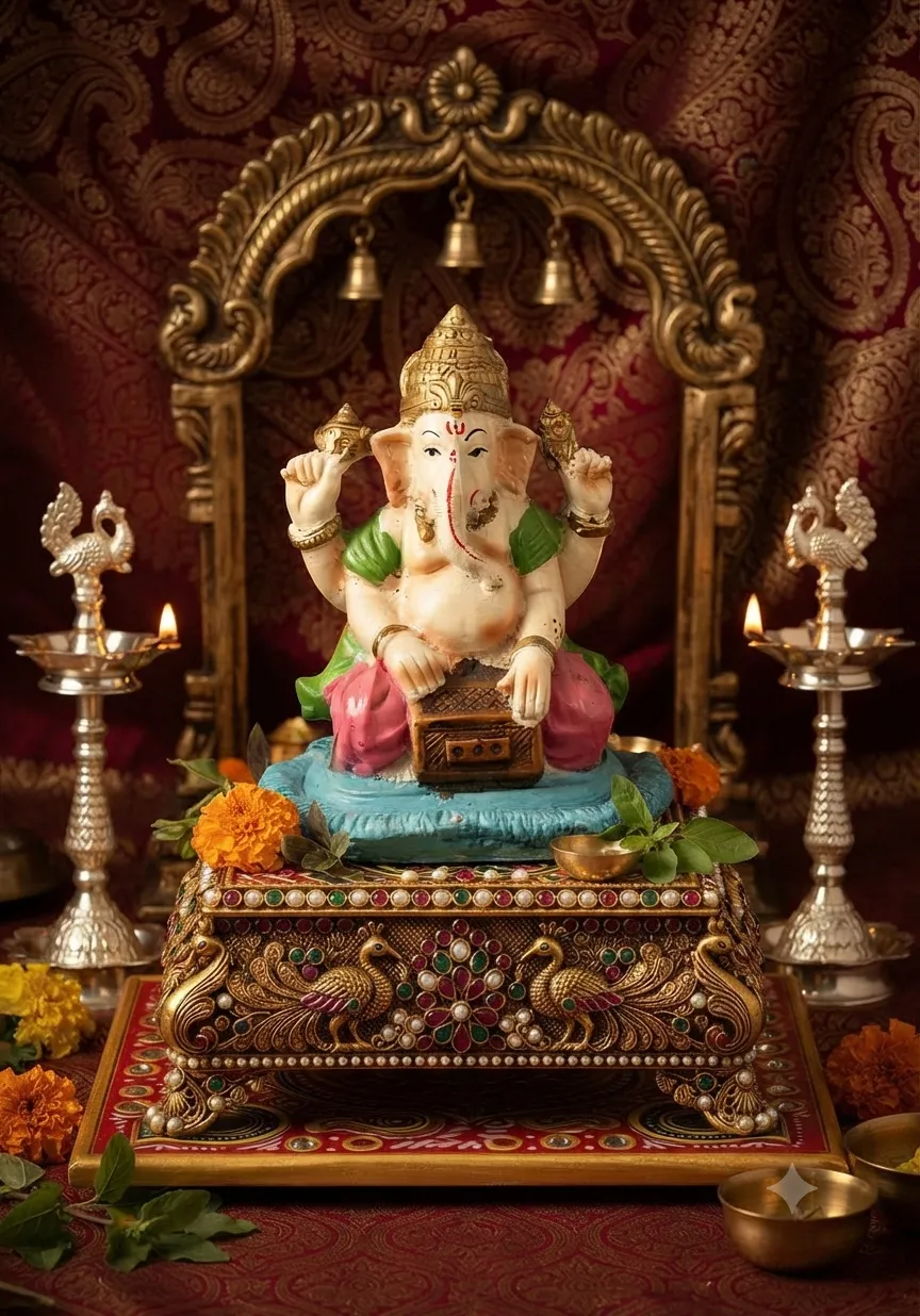 Ganesha Idol on Jeweled Peacock Pedestal Box