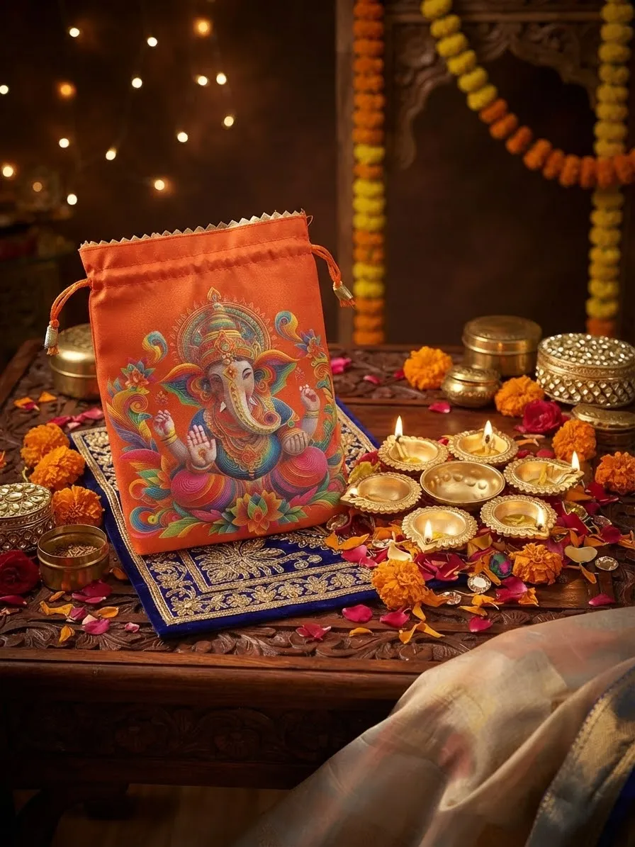 Ganesha Print Silk Potli Bag