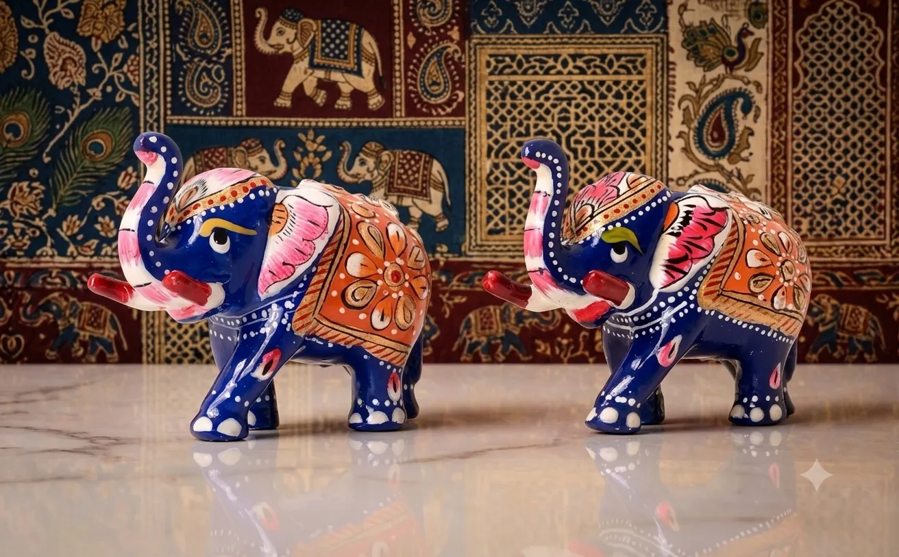 Hand-Painted Blue Elephant Figurine Pair