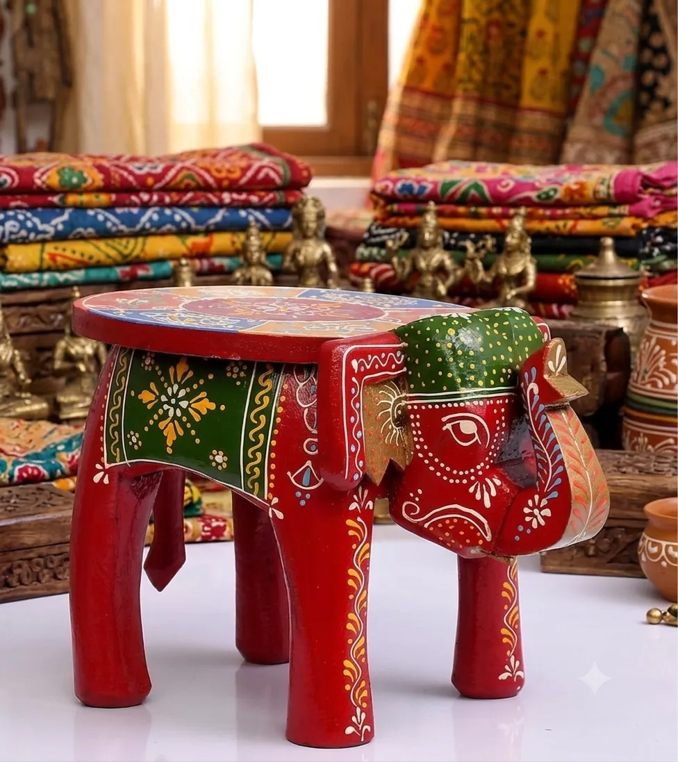 Hand-Painted Wooden Elephant Stool