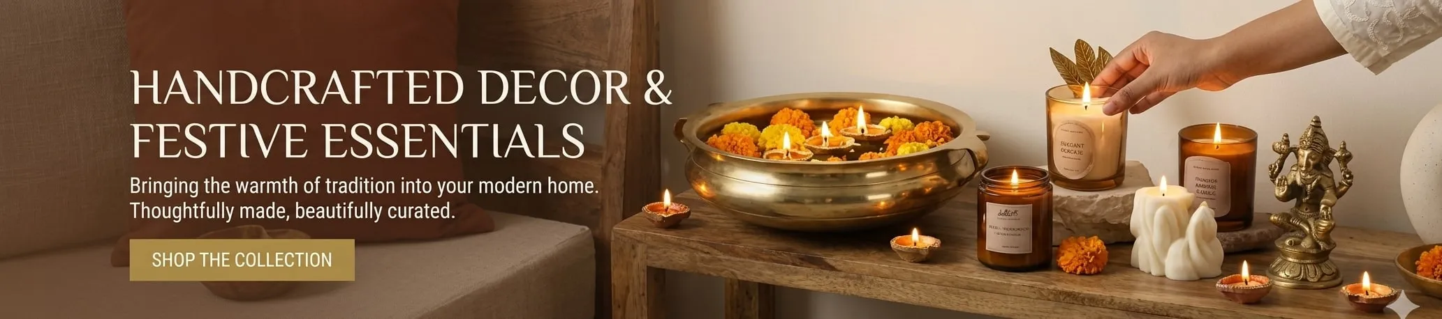 Handcrafted decor and festive essentials — a brass urli with floating marigolds and diyas, scented candles and a brass Ganesha. Shop the collection.