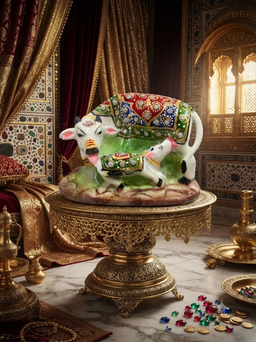 Jeweled Cow and Calf Figurine on Brass Stand