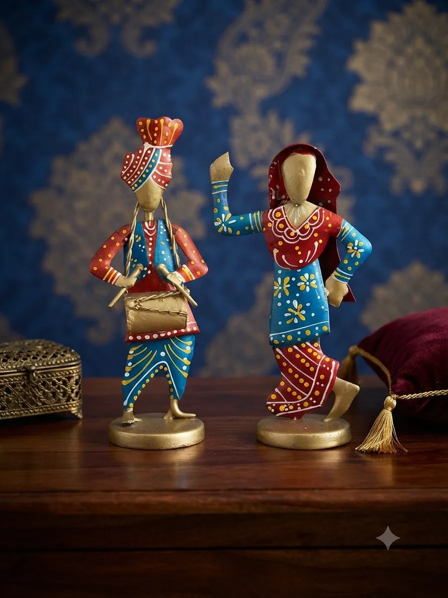 Metal Rajasthani Couple Figurine, Drummer & Dancer
