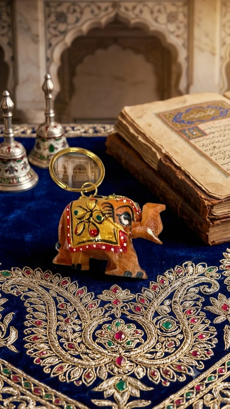 Painted Wooden Elephant Keychain, Orange & Gold