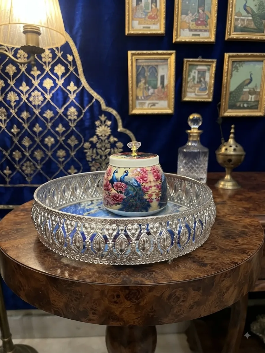 Peacock Enamel Jar on Silver Filigree Tray