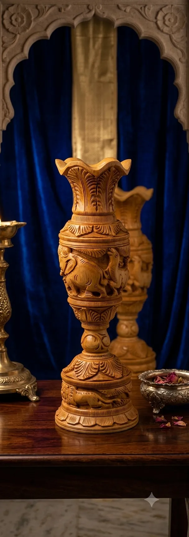 Wooden Carved Vase with Elephant Motif